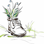 alter Wanderschuh mit blauen Blumen und Gras